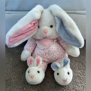 VTG Kellytoy Floral Bunny Plush with Pink and Blue Ears mid-1980s to early 1990s
